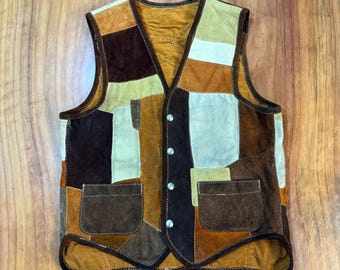 Vintage 70's Handmade Patchwork Vest Suede Leather Snap Western Hippie K23