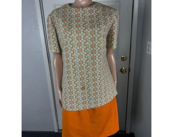 Vintage 70s Handmade Dress Shirt top set Polyester Knit Floral Retro Bright MM3