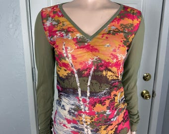 Vintage y2K DKNY Women's Shirt Small Long sleeve Floral Printed V neck Sheer QQ2