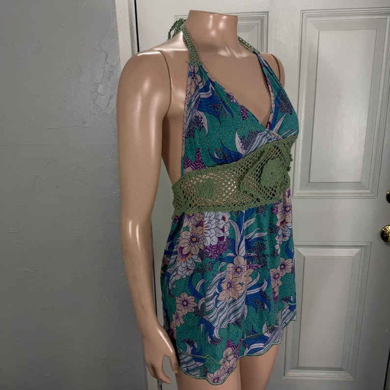Vintage Y2K Anthropologie Women's Top Small Cotton Floral Halter Crochet PP28 image 5