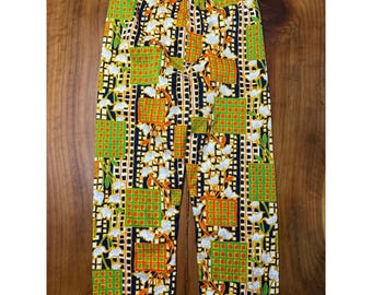 Vintage 70s Handmade pants XL Pull on Satin Floral Retro Polyester Print F4-1
