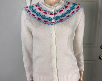 Vintage 70s 80s Cardgian Sweater M Heart Button Long Sleeve Acrylic Knit G4-17
