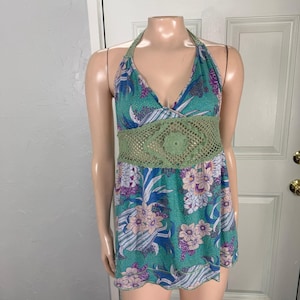 Vintage Y2K Anthropologie Women's Top Small Cotton Floral Halter Crochet PP28 image 1