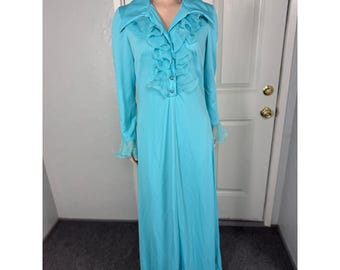 Vintage 70s Dress Bridesmaid Maxi Polyester Knit Party Formal Evening Ruffle NN3