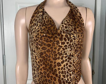 Vintage Y2K Hot Kiss Shirt Small Animal Print Tank top Halter Open Back W3-22