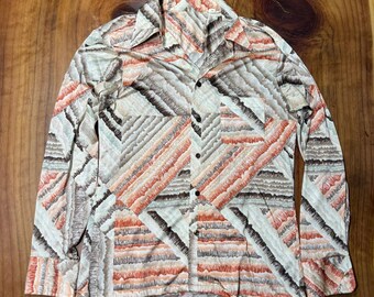 Vintage 70s Shirt Mens 16 16.5 Nylon Polyester Button Disco Retro Party L/S N15