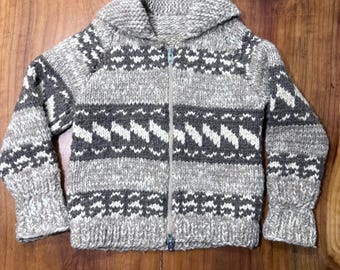 Vintage Cowichan Sweater Jacket Long Sleeve Wool Full Zip Shawl Collar V3-13