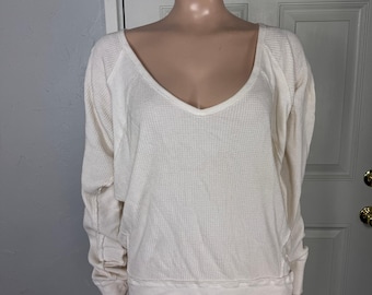 Vintage Y2K Free people Women Shirt Thermal Waffle Knit Cotton off shoulder II11