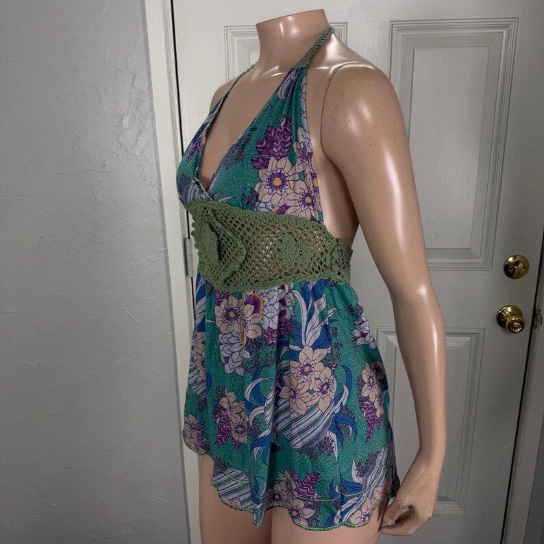 Vintage Y2K Anthropologie Women's Top Small Cotton Floral Halter Crochet PP28 image 3