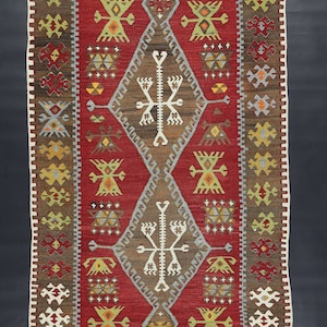 70 year old Kirsehir (Central Anatolian) Kilim / Vintage, Authentic,  Handwoven, Woolen Kilim - Rug / 155 cm x 87 cm / 5.08 ft x 2.85 ft