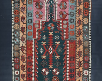Around 65 year old Kuruhoyuk Kilim / Vintage, Authentic, Ethnic, Decorative, Woolen Flatweave - Rug / 205 cm x 114 cm / 6.72 ft x 3.74 ft