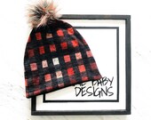 Red Plaid Slouchy Pom Beanie Sweater Beanie Slouchy Pom Beanie Plaid Beanie Slouchy Beanie Adult Beanie Youth Beanie Kid Hat