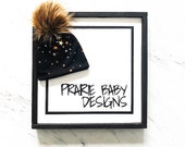 Black Foil Star Slouchy Pom Beanie Black Beanie Star Beanie Slouchy Beanie Pom Beanie Gold Star Beanie Baby Beanie Youth Beani