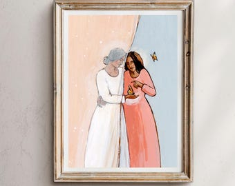 Stampa artistica di Angel Mom: madre e figlio con farfalle