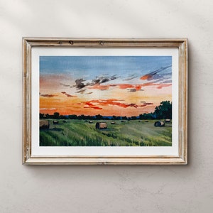Missouri Sunset print, Sunset art, Midwest art, Sunset wall decor, Watercolor Landscape, Landscape Art, Wall Decor, hay bale art, midwestern