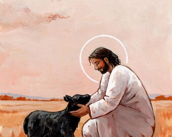 イエス・キリストのアートプリント：善き羊飼い、迷える羊の絵画