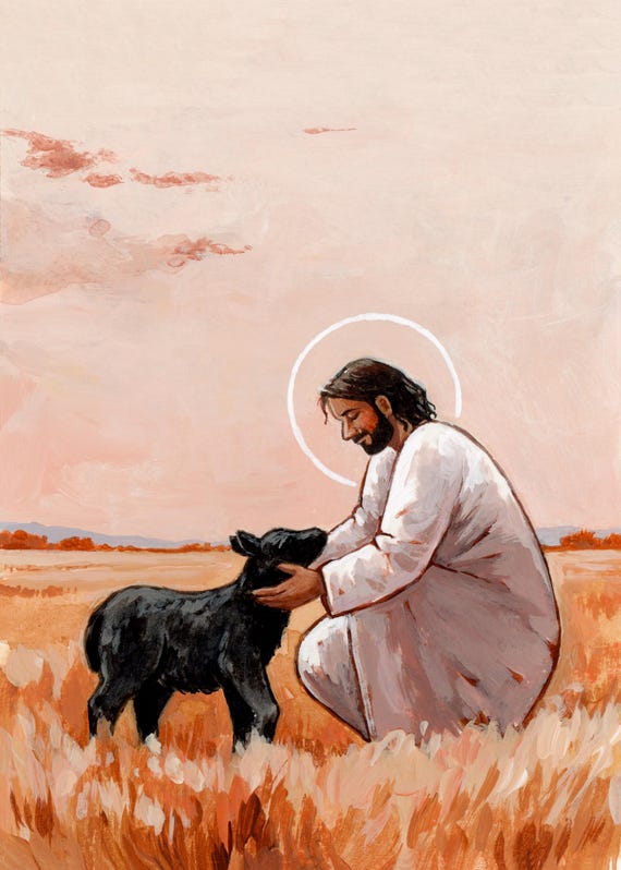 イエス・キリストのアートプリント：善き羊飼い、迷える羊の絵画