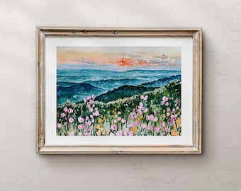 Shenandoah Valley Watercolor Landscape Art Print: Mountain Sunset