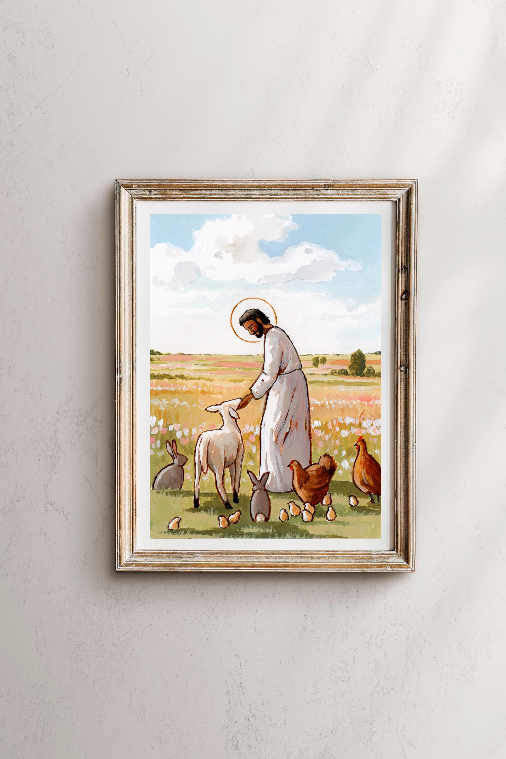 Jesus With Spring Animals Art Print, Easter Lamb, Christian Wall Art - Etsy