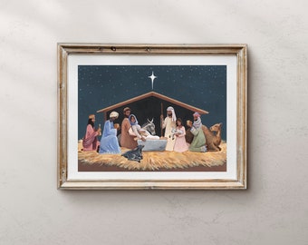 Nativity Christmas Art, Nativity Art Print, Christmas Nativity, Nativity Art, Nativity Scene, Holiday Wall Art, Christmas Art