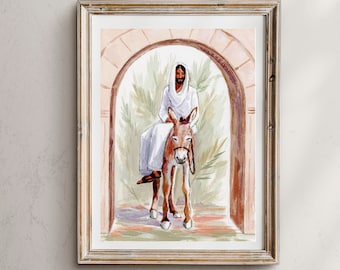 May include: A watercolor painting of a man riding a donkey through an archway. The man is wearing a white robe and has a beard. The donkey is brown and white. The archway is made of stone and has a pink and orange color scheme.