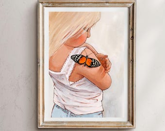 Könnte beinhalten: Ein Gemälde eines jungen Menschen mit blonden Haaren, das ein weißes Tanktop und eine blaue Jeans trägt. Ein Schmetterling mit orangefarbenen und schwarzen Flügeln sitzt auf seiner Schulter.