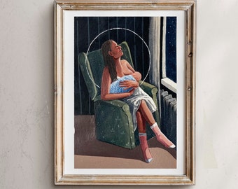 Puede incluir: Una pintura de una mujer sentada en un sillón verde, amamantando a un bebé. La mujer mira hacia arriba a una ventana con vista a un cielo nocturno estrellado. Un halo blanco rodea su cabeza.