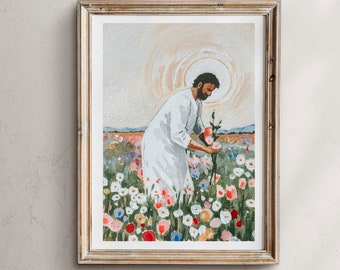 Peut inclure: Une peinture représentant une personne vêtue d'une robe blanche debout dans un champ de fleurs colorées. La personne regarde les fleurs et en tient quelques-unes dans sa main. L'arrière-plan est un ciel bleu clair avec un soleil brillant.