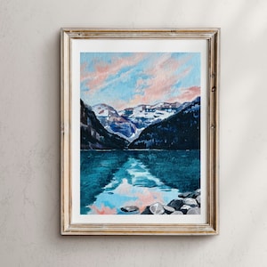 Banff National Park, Lake Louise art, Lake Louise sunset, Banff wall decor, landscape painting, Watercolor Landscape, Landscape Art