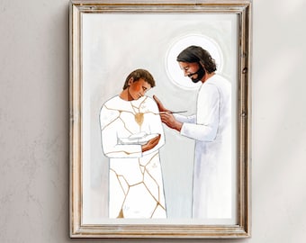 Kintsugi Christ Art Print, Jesus Healing Painting