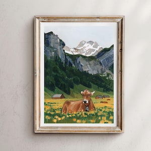スイスアルプスの水彩画：牧草地の牛の風景画 - Etsy 日本