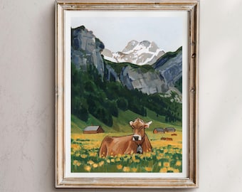 スイスアルプスの水彩画：牧草地の牛の風景画 - Etsy 日本