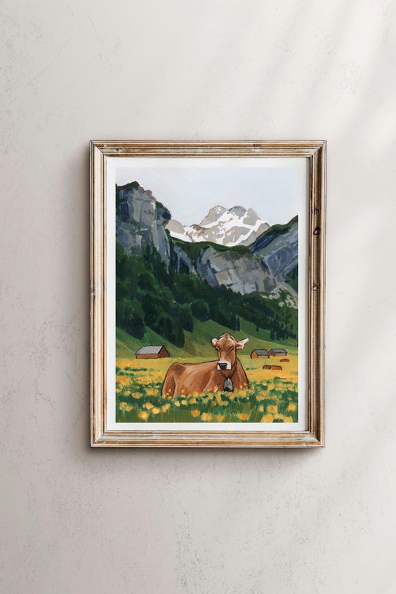 スイスアルプスの水彩画：牧草地の牛の風景画 - Etsy 日本