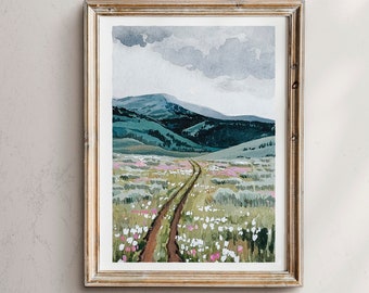 Impressão em aquarela de campo de flores silvestres: paisagem montanhosa de Utah