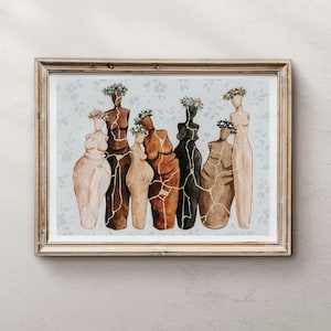 May include: A watercolor painting of seven figures with floral crowns. The figures are standing in a row and are all different colors and shapes. The background is a light blue with a floral pattern.