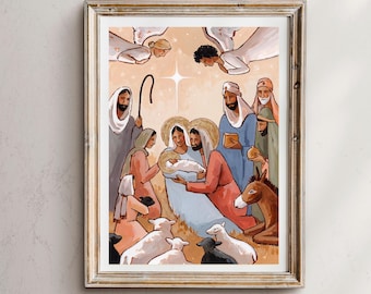 May include: A painting depicting the Nativity scene with a star shining above a manger where a baby is lying.  The baby is surrounded by Mary, Joseph, and other figures, including angels, shepherds, and animals. The painting is done in a colorful style with a warm color palette.