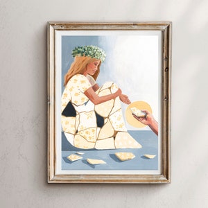May include: A woman with a floral crown sits on a blue background, her dress is made of broken pieces of tile. A hand reaches out to her, offering a piece of tile.