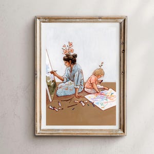 Motherhood Art Print: Mom and Toddler Painting, Nursery Wall Decor