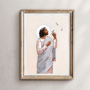 Una stampa del Messaggero Celeste, Cristo con libellule, opera d'arte di Gesù Cristo, perdita di gravidanza e infantile, stampa religiosa, arte sull'infertilità