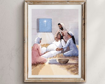 May include: A watercolor painting depicting the birth of Jesus. A woman lies on a bed of straw, surrounded by three other people. A bright star shines through a window in the background.