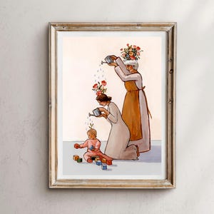 May include: A framed illustration depicting three people, two women and a child, each with flowers on their heads. The women are kneeling and holding watering cans, pouring water onto the flowers. The child is sitting on the floor playing with colourful blocks.
