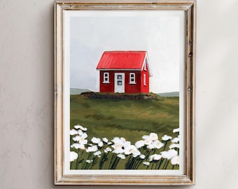 Könnte beinhalten: Ein gerahmtes Gemälde, das ein rotes Haus mit einer weißen Tür und Fenstern zeigt, das auf einem grünen Grasfeld mit weißen Blumen im Vordergrund steht.
