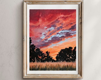 London Countryside Sunset Watercolor Landscape Art Print