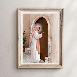 May include: A painting depicting a figure in a white robe and a pink shawl knocking on a wooden door. The figure is standing in front of a stone archway.