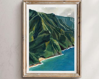 May include: A framed painting of a green mountain range with a blue ocean and a sandy beach at the bottom.