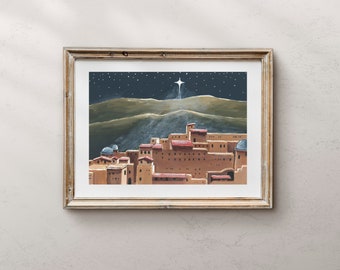 May include: A digital painting of a town with a bright star shining in the night sky. The town is made up of buildings with red roofs and brown walls. The star is shining brightly and is surrounded by a halo of light. The sky is dark blue and there are stars in the background.