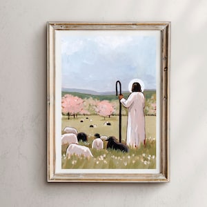 El Buen Pastor en primavera, Jesús y sus ovejas, El Buen Pastor, Arte mural de Jesucristo, Arte de Jesucristo, Arte de Jesús, Pintura de Jesucristo