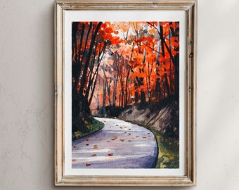 Fall Mountain Road Watercolor Painting Art Print