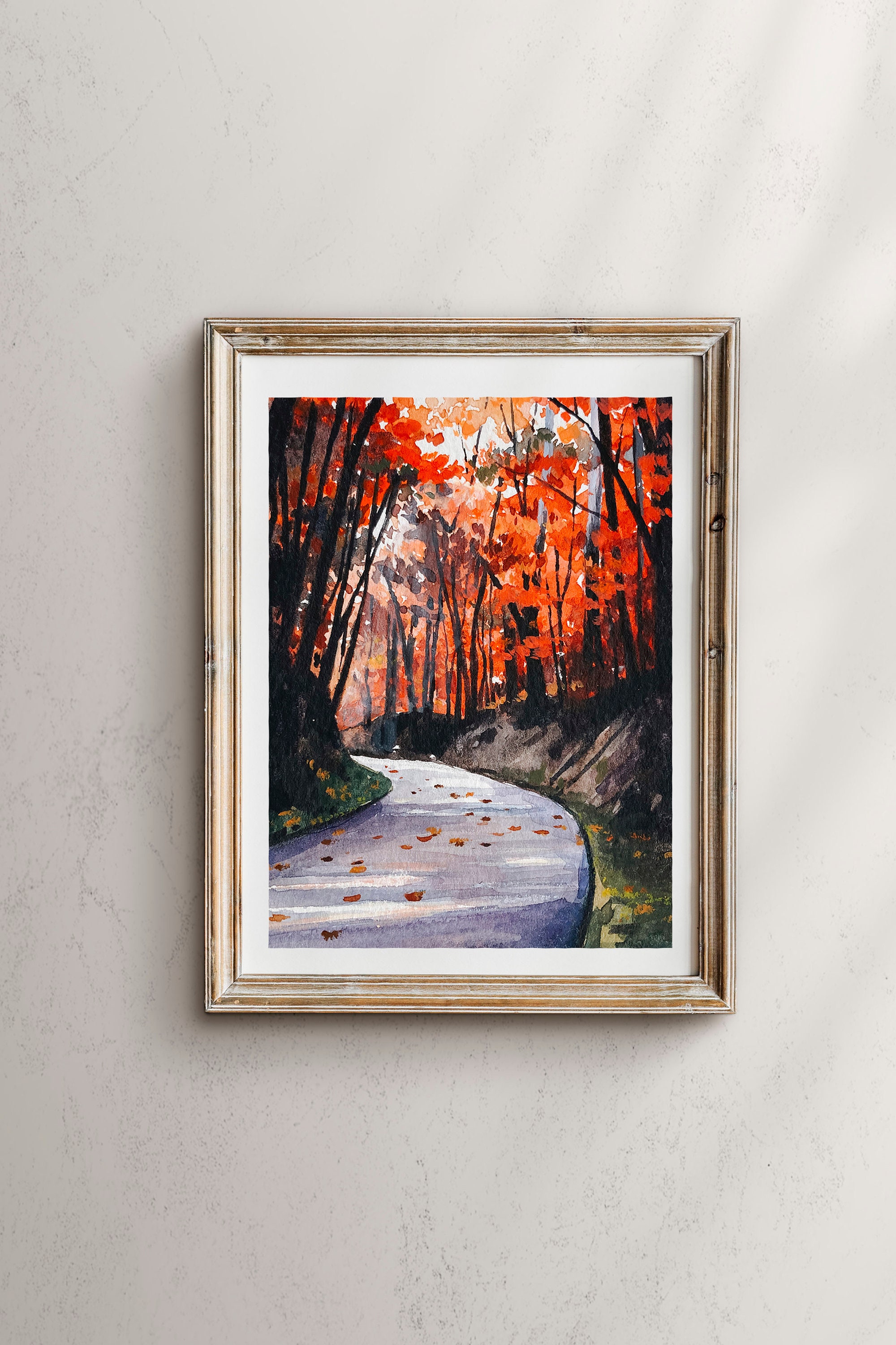 秋の山道の水彩画アートプリント - Etsy 日本