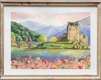 Eilean Donan Castle, Scottish paintings, assorted prints, Scottish landscape, watercolor landscape, highland cow art, watercolor castle art